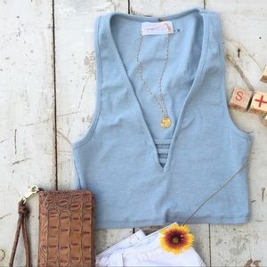Mustard Seed Blue Ribbed V-Neck Crop Top Size M NWT